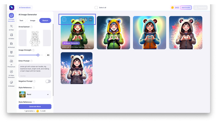 A screenshot showing the photo upscale, download, and edit options in LightX’s sketch to image generator.