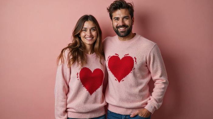 A couple photo with both the woman and man dressed in sweaters with a heart motif.