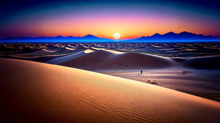 A vast desert under a twilight sky, with dunes shaped by the wind and a lone traveler in the distance.