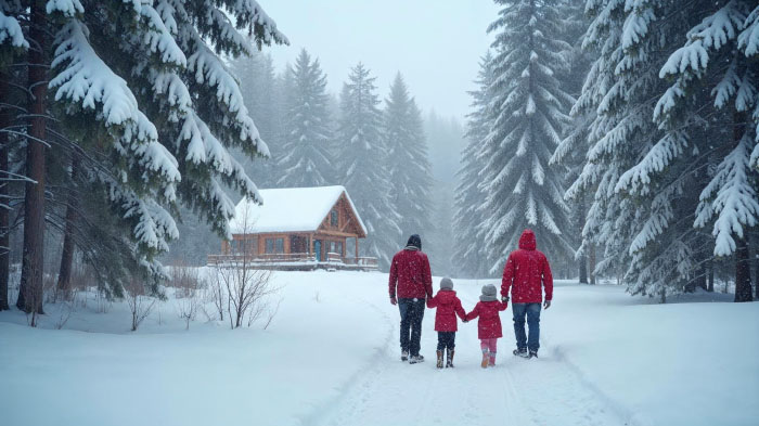 A family walking in fresh snow among tall pine trees and a cozy cabin in the distance.