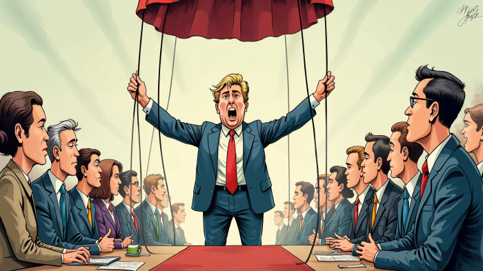 A satirical political cartoon showing a government official with strings in his hand and people sitting in a meeting setup. 