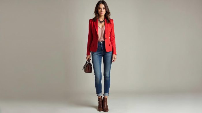 A photo of a woman in high-waisted jeans with a red fitted blazer with ankle boots, a statement necklace, and a bag.