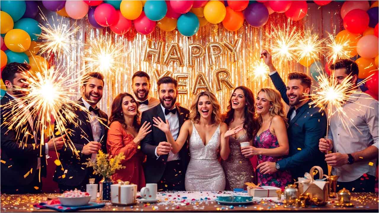 Men and women standing with New Year Party Background With Party poppers