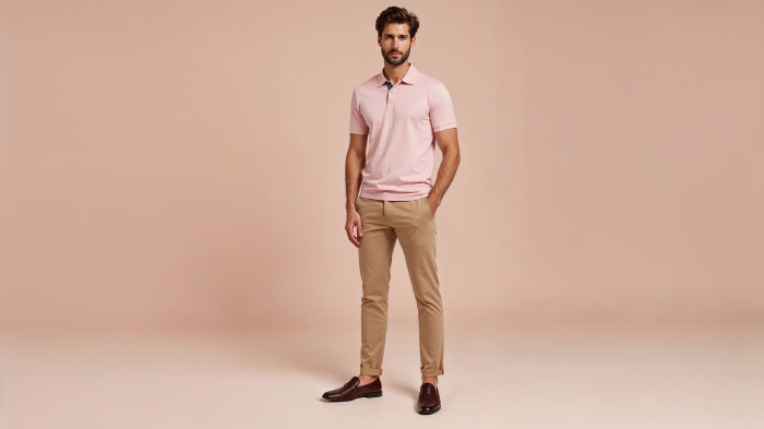 A photo of a man in a blush pink fitted polo shirt with beige slim-fit trousers and loafers