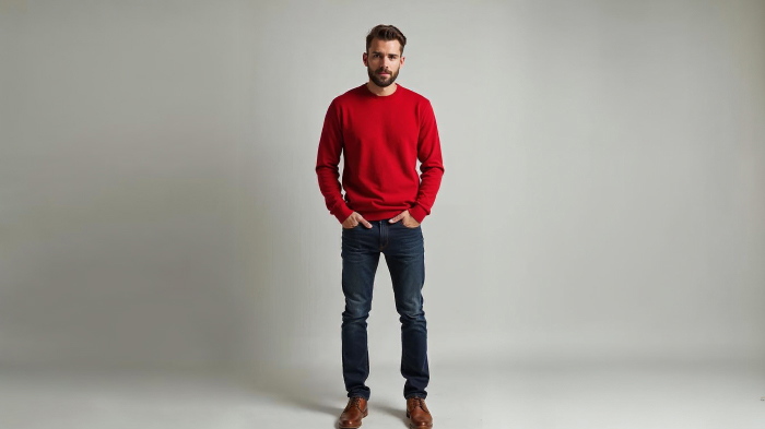 A photo of a man in a bold red sweater with dark wash jeans and brown leather shoes.