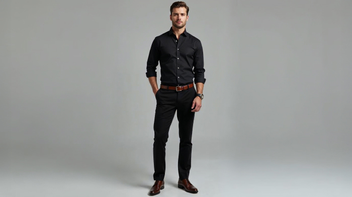 A photo of a man in a black button-up shirt with black slim-fit trousers, dress shoes, a leather belt, and a statement watch. 