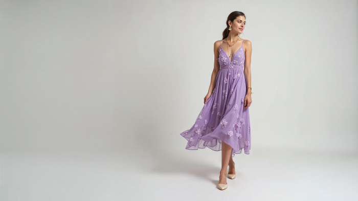 A photo of a woman in a lavender flowy floral midi dress with ballet flats and delicate jewelry comprising earrings and a pendant.