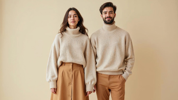 A couple photo with woman in a beige oversized knit sweater with a tan midi skirt and man in a beige turtleneck with chinos.