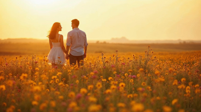 A couple standing in a vast field of blooming wildflowers, along with a soft golden hour glow.