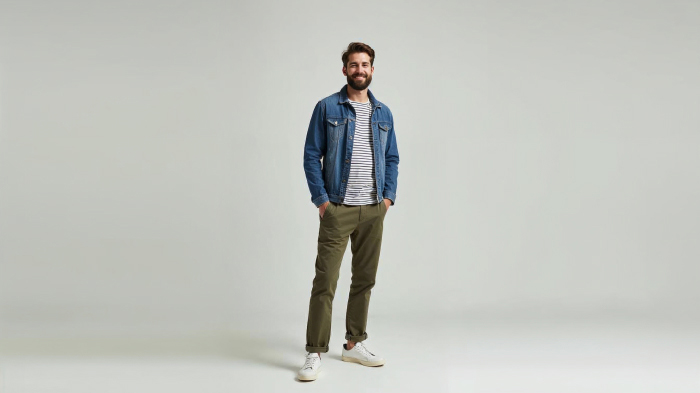 A photo of a man in a denim jacket with a striped t-shirt underneath, chinos in olive color, and white sneakers