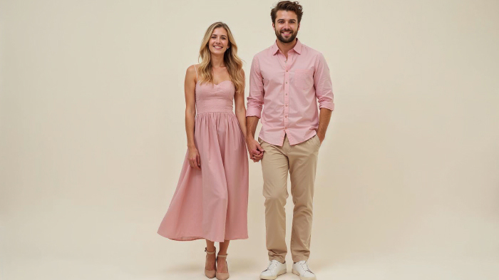 A couple photo with woman in a blush pink midi dress and nude heels and man in a pink button-up shirt and beige chinos.