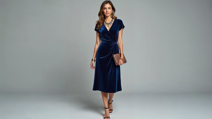 A photo of a woman in a navy blue velvet wrap dress with ankle-strap heels, a statement necklace, and a clutch. 