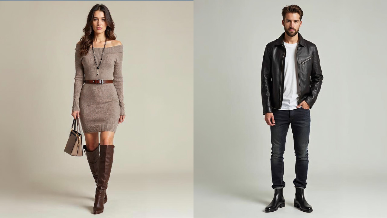 A collage of a photo of a woman and a man with woman in an off-shoulder sweater dress and man in a leather jacket and jeans.