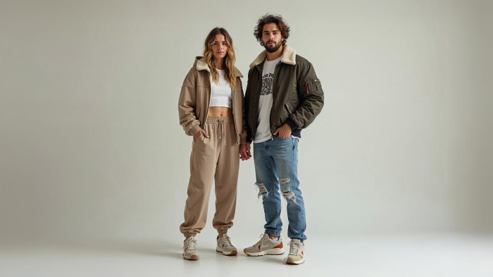 A couple photo with woman in a cropped hoodie with high-waisted joggers and man in a bomber jacket with distressed jeans.