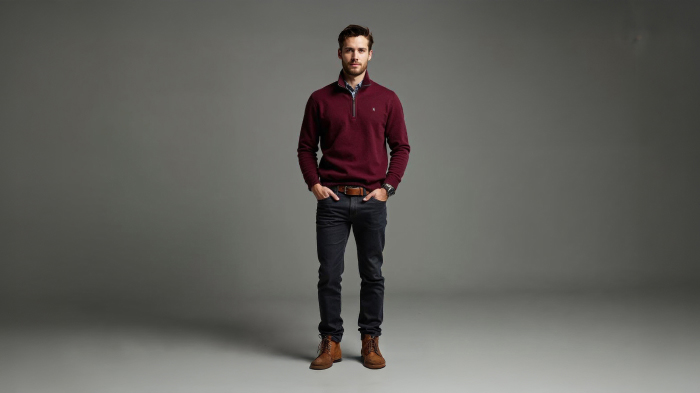 A photo of a man in a maroon quarter zip sweater with dark jeans, suede boots, a leather belt, and a minimalist watch. 