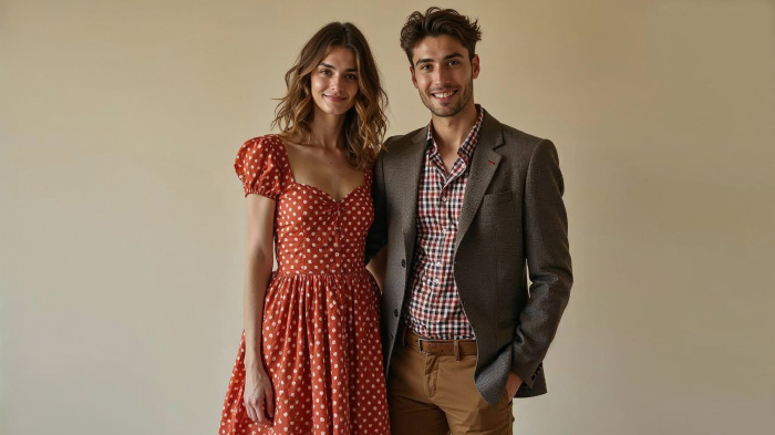 A couple photo with woman in a polka-dot dress and man in a vintage blazer over a checkered shirt with trousers.