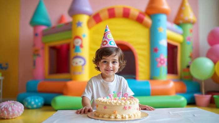 A kid in front of a colorful birthday setup featuring a house, balloon plant, and a big cake.