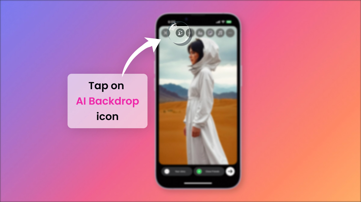 A screenshot highlighting the AI Backdrop option on the Instagram Story featuring a woman in a white dress