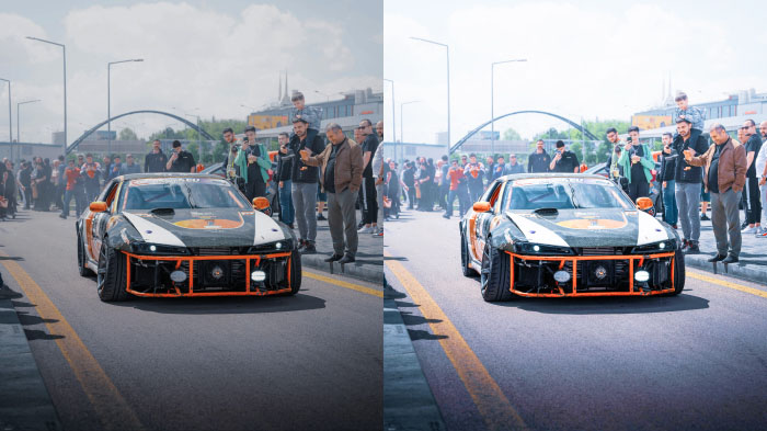 A before-and-after collage of an event, with the before showing distorted colors and the after showing color correction.