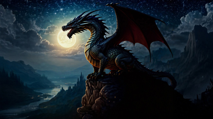 A fierce dragon perched atop a cliff, overlooking a medieval kingdom under a starry sky.