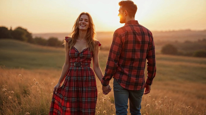 A couple photo with woman in a plaid midi dress and man in a plaid flannel shirt.