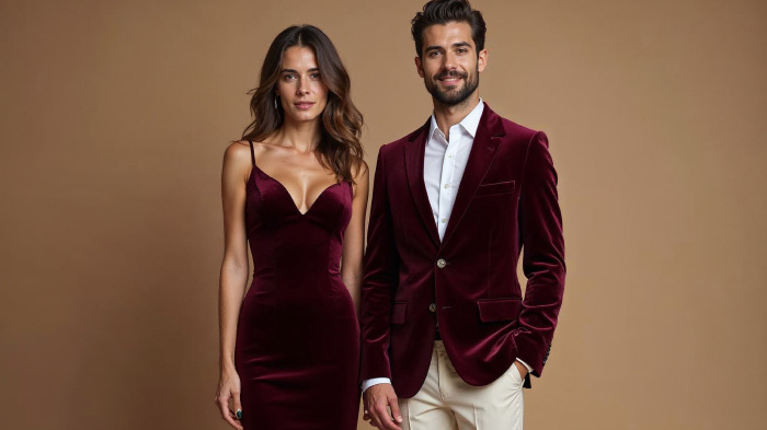 A couple photo with woman in a deep burgundy velvet midi dress and man in a burgundy velvet blazer and trousers. 