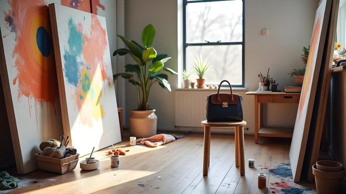 A handbag on a stool in a modern art studio featuring large canvases, brushes, and paint tubes scattered on a wooden floor.