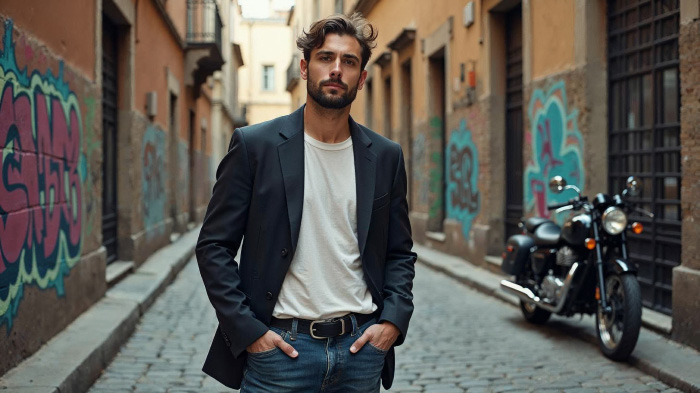 A male model in a cobblestone street with graffiti art on the walls and a vintage motorcycle parked nearby.