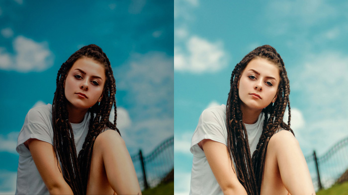 A before-and-after collage of a woman, with the before showing distorted colors and the after showing color correction.