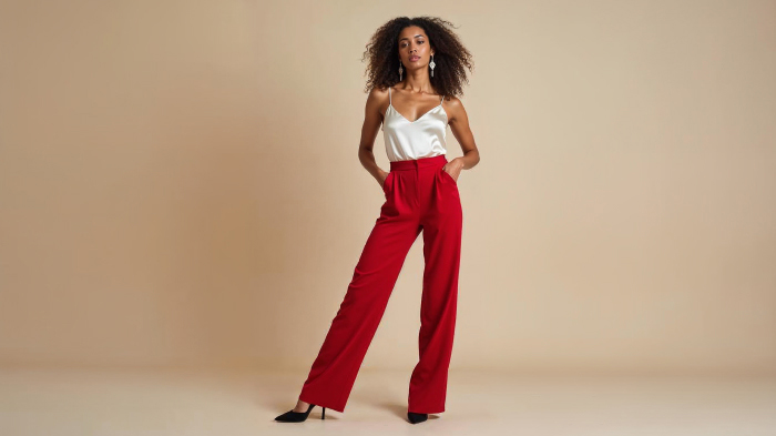 A photo of a woman in a red pantsuit with a white silky camisole, pointed-toe heels, and statement earrings.