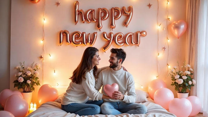 The couple is sitting and has a heart-shaped balloon background for New Year.