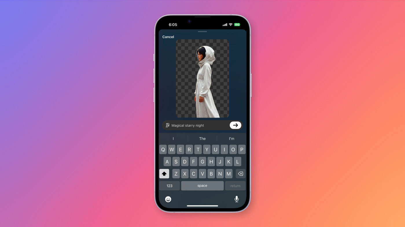 A screenshot of the screen where a text prompt is entered to create a new backdrop in Instagram Story's AI backdrop feature.