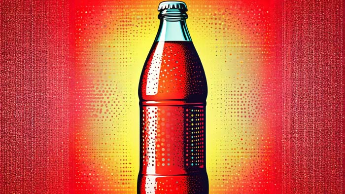 A retro soda bottle with bright, contrasting colors and bold halftone patterns.