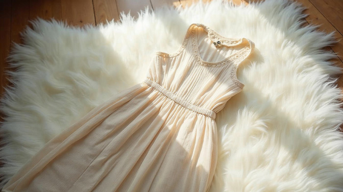 An off-white dress on a white fluffy rug with faint sunlight from a nearby window. 