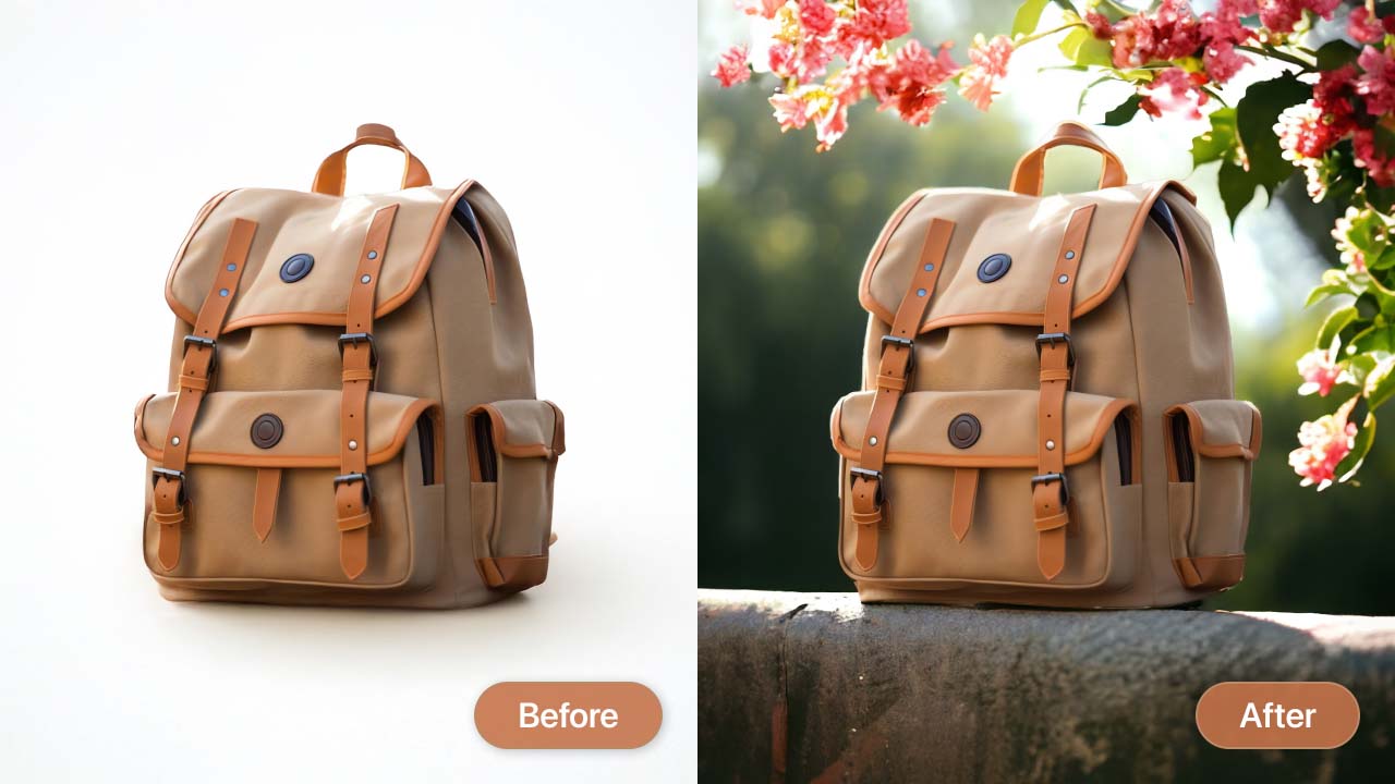 A before and after image of a backpack with the original background and a new AI background, respectively.