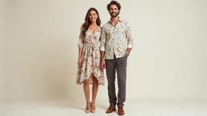  A couple photo with woman in a floral wrap dress and neutral heels and man in a shirt with floral pattern and trousers.