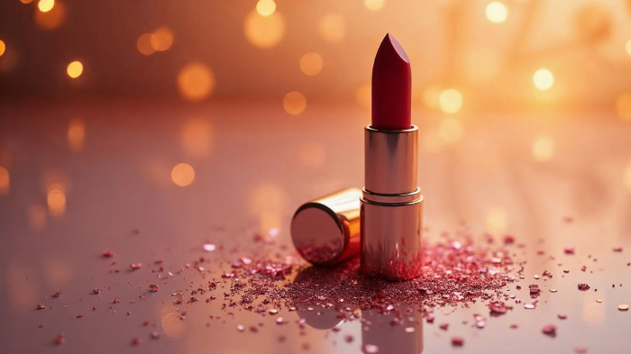 A lipstick on a reflective surface surrounded by glitter confetti and soft golden lighting giving a bokeh effect. 