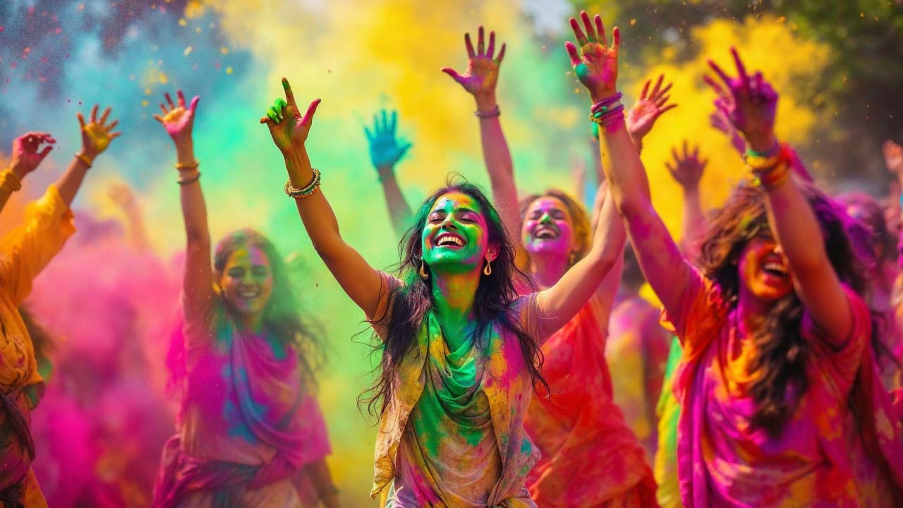 A group of people is dancing with colors bursting in the air during a Holi celebration