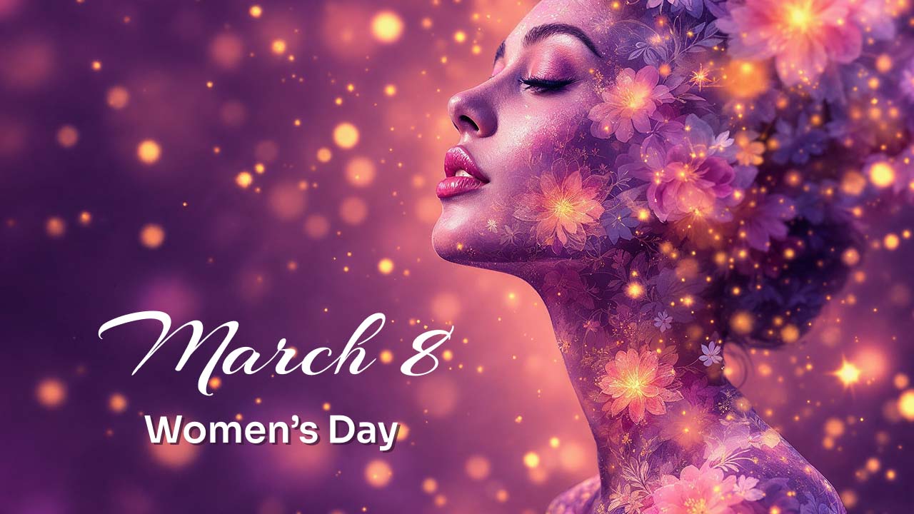 Elegant Women's Day banner with a dreamy floral bokeh effect, featuring soft pastel flowers and a magical, fantasy-inspired glow.