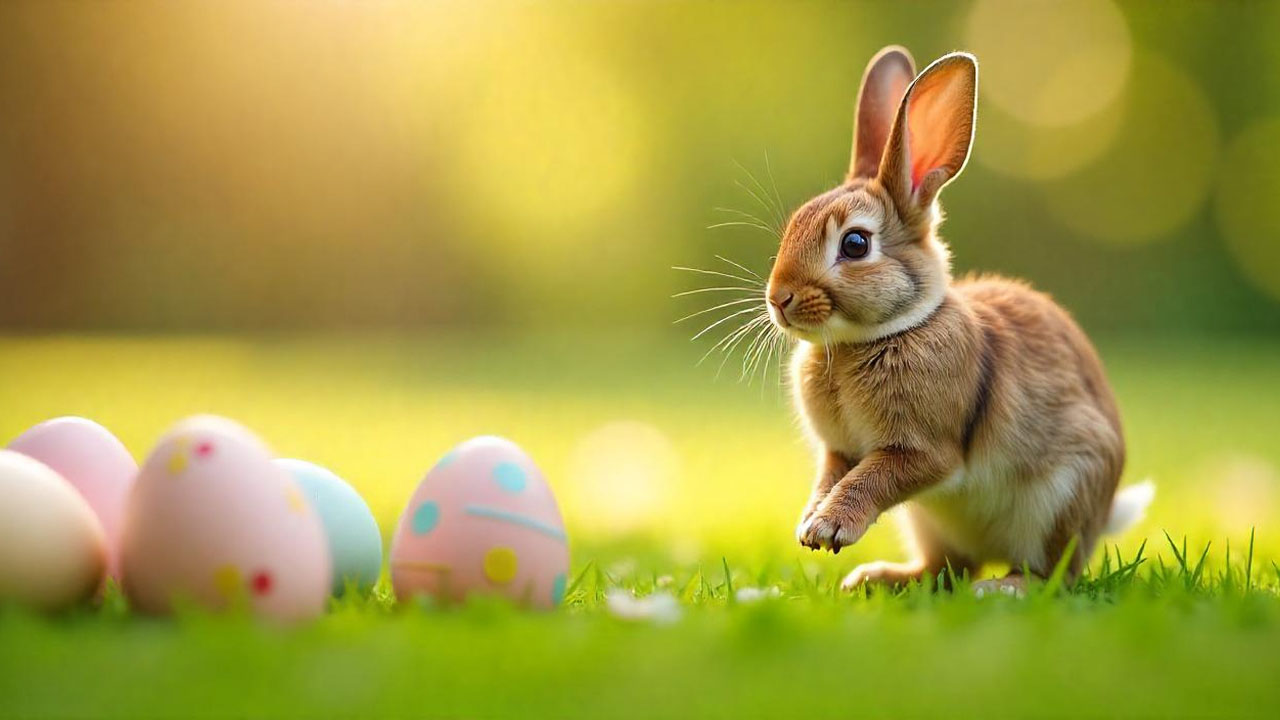 A picture of an Easter bunny and colorful Easter eggs.